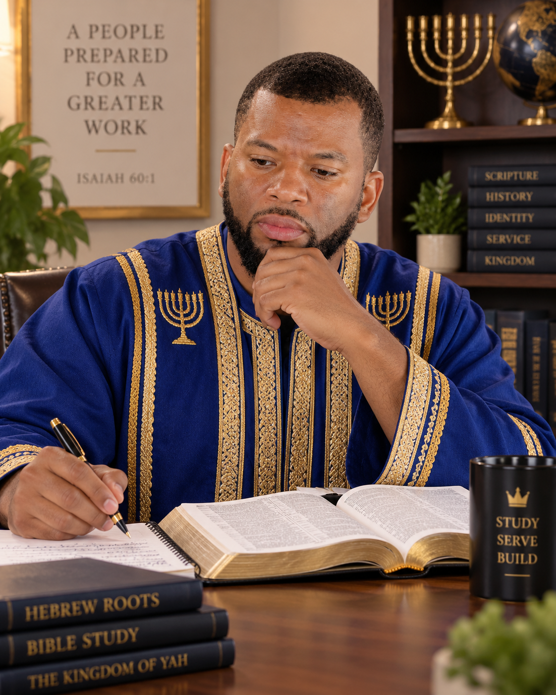 Bishop Mose Judah Ben Israel seated with an open Bible