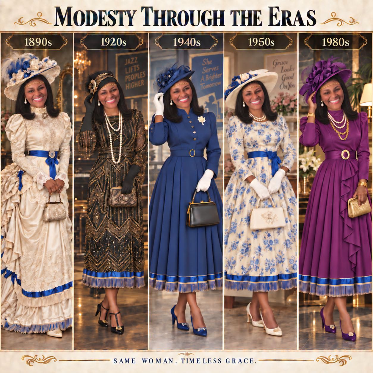 Modesty Through the Eras artwork showing modest clothing across five eras