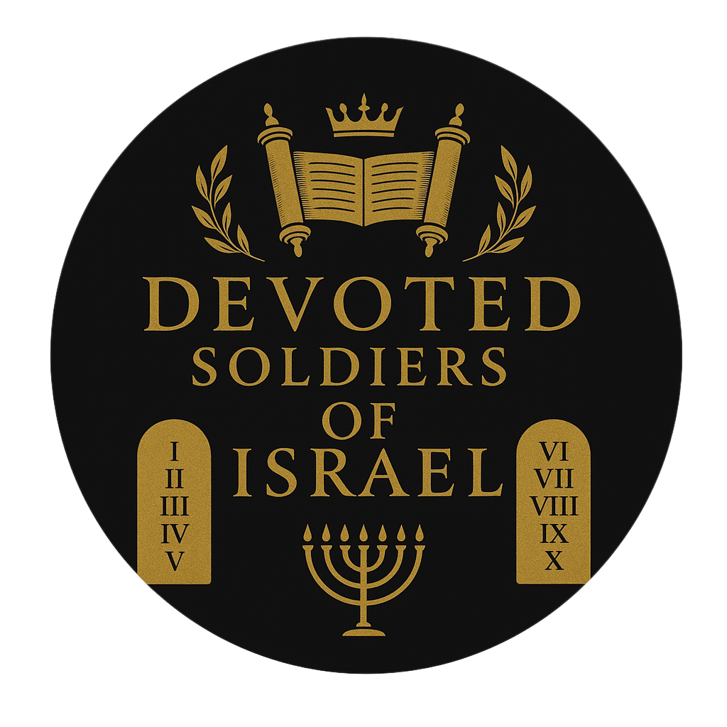 Devoted Soldiers of Israel gold scroll, crown, tablets, and menorah crest
